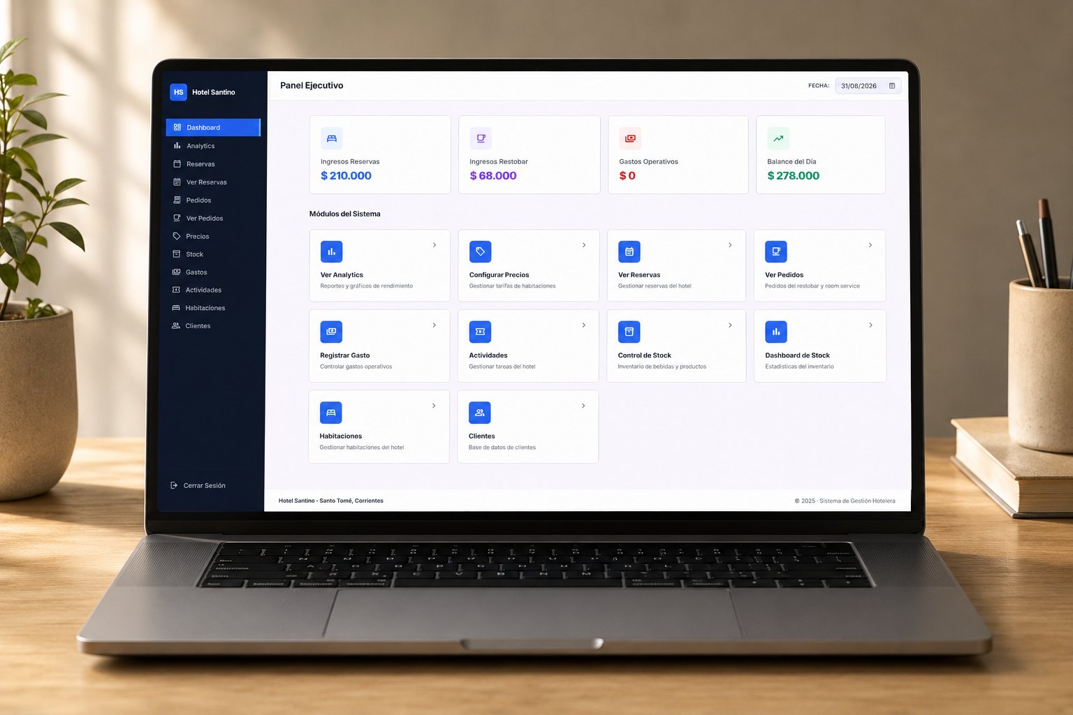 Panel ejecutivo con los ingresos del día y los accesos a cada módulo del sistema
