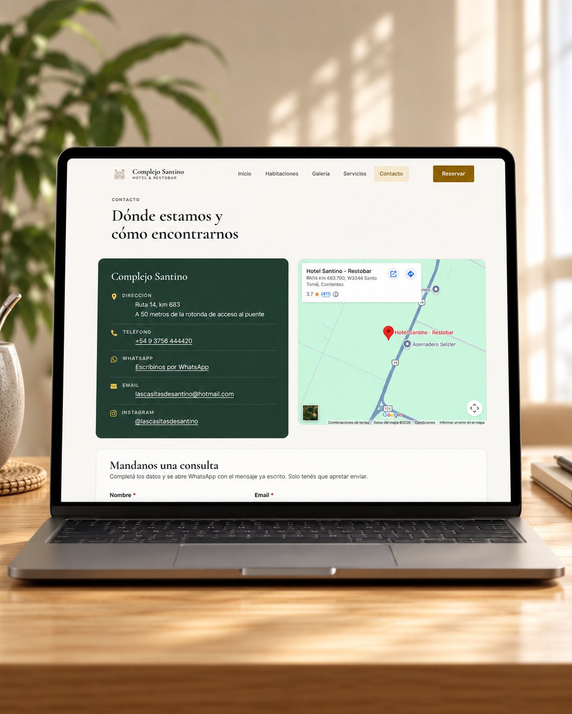 Sección de contacto con mapa y formulario de consulta